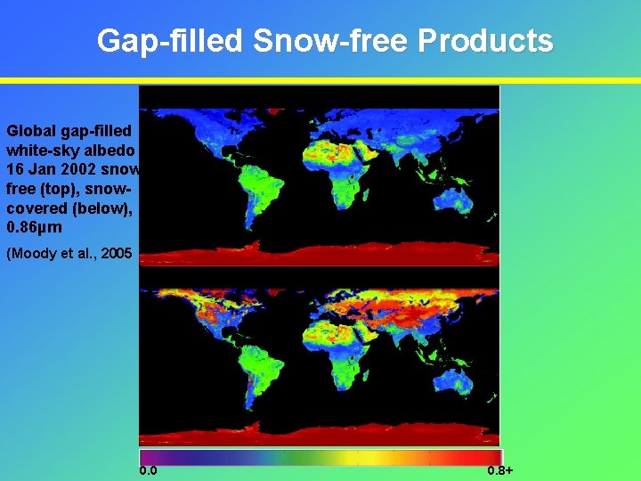 Gap-filled Snow-free Products Global gap-filled white-sky albedo 116 Jan 2002 snowfree (top), snowcovered (below),