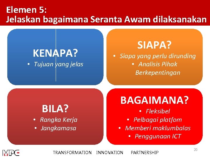Elemen 5: Jelaskan bagaimana Seranta Awam dilaksanakan KENAPA? • Tujuan yang jelas BILA? •