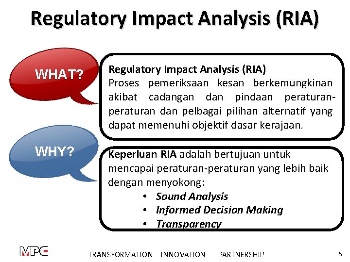 Regulatory Impact Analysis (RIA) WHAT? Regulatory Impact Analysis (RIA) Proses pemeriksaan kesan berkemungkinan akibat