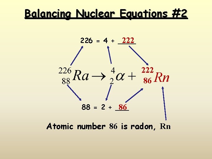 Balancing Nuclear Equations #2 226 = 4 + ____ 222 86 Rn 88 =