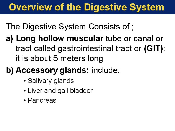 Overview of the Digestive System The Digestive System Consists of ; a) Long hollow