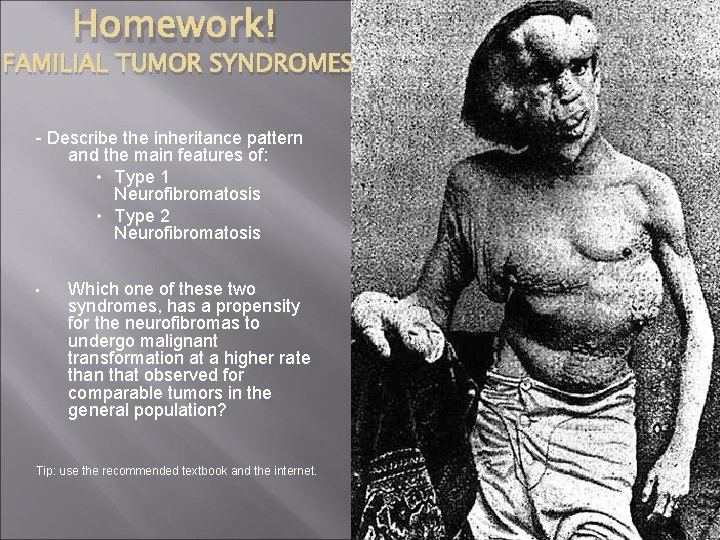 Homework! FAMILIAL TUMOR SYNDROMES - Describe the inheritance pattern and the main features of: