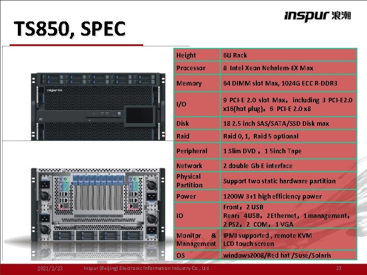 TS 850, SPEC Height 6 U Rack Processor 8 Intel Xeon Nehalem-EX Max Memory