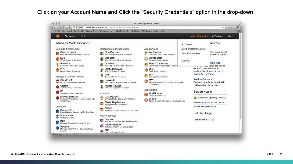 Click on your Account Name and Click the “Security Credentials” option in the drop-down