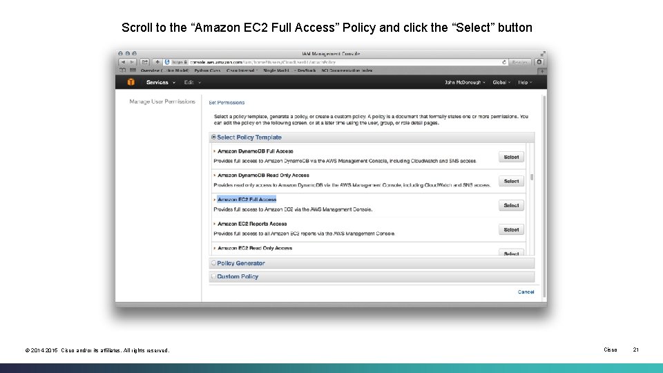 Scroll to the “Amazon EC 2 Full Access” Policy and click the “Select” button