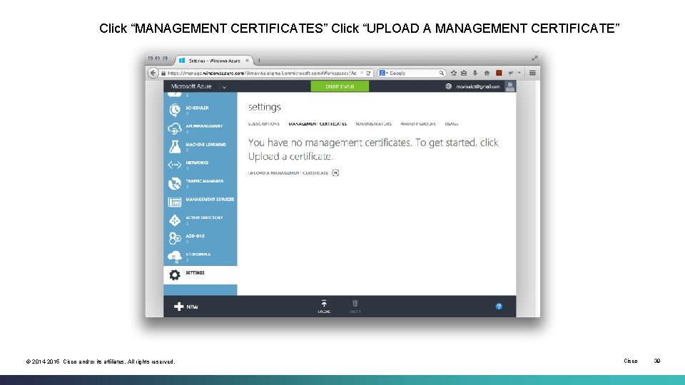Click “MANAGEMENT CERTIFICATES” Click “UPLOAD A MANAGEMENT CERTIFICATE” © 2014 -2015 Cisco and/or its