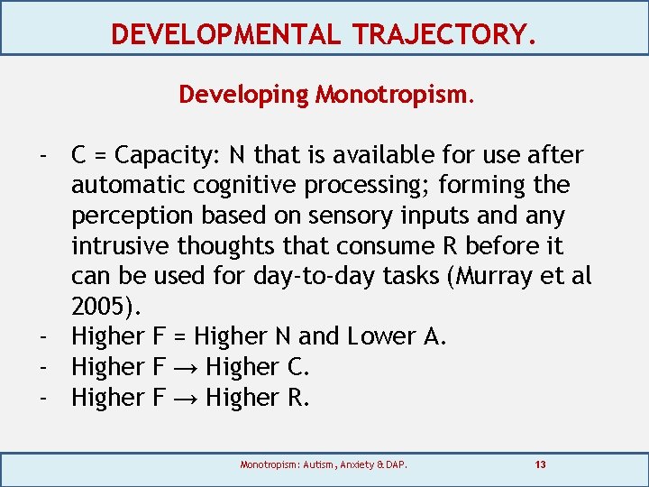 DEVELOPMENTAL TRAJECTORY. Developing Monotropism. - C = Capacity: N that is available for use