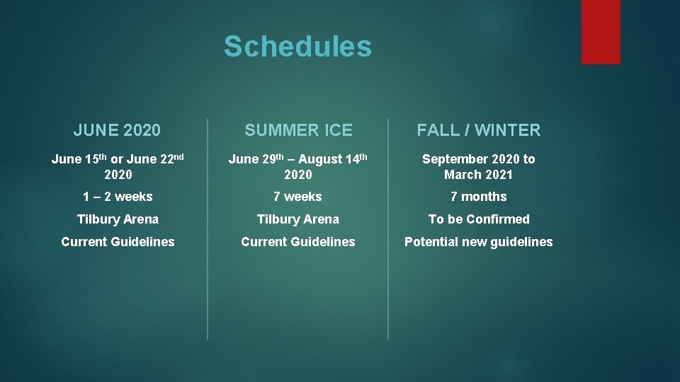 Schedules JUNE 2020 SUMMER ICE FALL / WINTER June 15 th or June 22