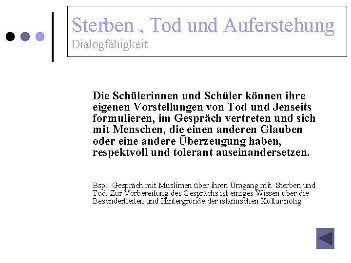 Sterben , Tod und Auferstehung Dialogfähigkeit Die Schülerinnen und Schüler können ihre eigenen Vorstellungen