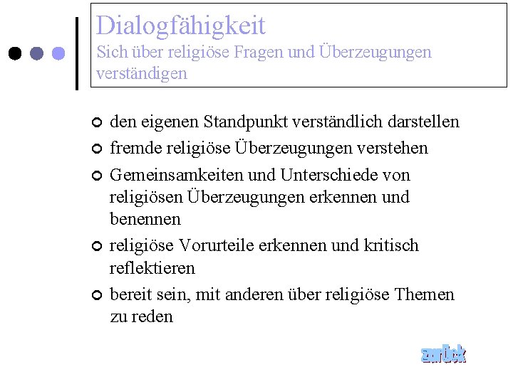 Dialogfähigkeit Sich über religiöse Fragen und Überzeugungen verständigen ¢ ¢ ¢ den eigenen Standpunkt