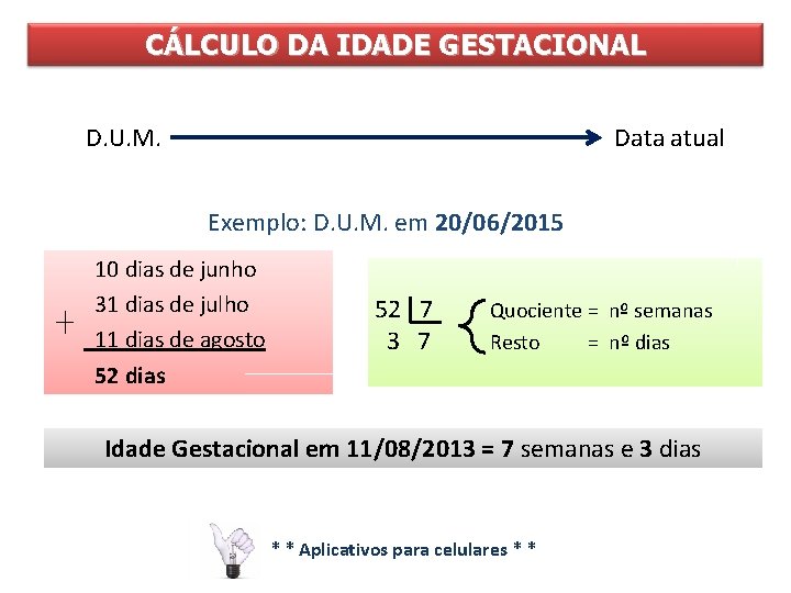 CÁLCULO DA IDADE GESTACIONAL D. U. M. Data atual Exemplo: D. U. M. em