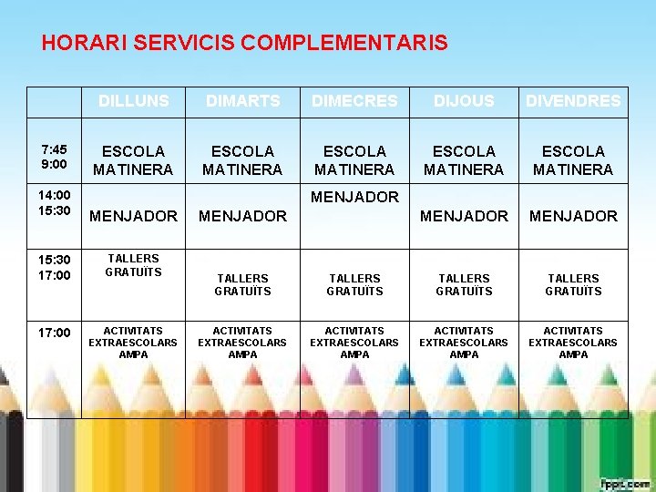 HORARI SERVICIS COMPLEMENTARIS 7: 45 9: 00 14: 00 15: 30 DILLUNS DIMARTS DIMECRES