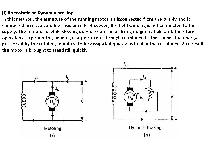 (i) Rheostatic or Dynamic braking: In this method, the armature of the running motor