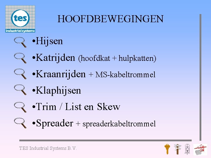 HOOFDBEWEGINGEN • Hijsen • Katrijden (hoofdkat + hulpkatten) • Kraanrijden + MS-kabeltrommel • Klaphijsen