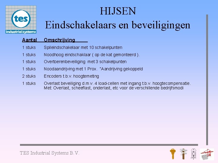 HIJSEN Eindschakelaars en beveiligingen Aantal Omschrijving 1 stuks Spileindschakelaar met 10 schakelpunten 1 stuks