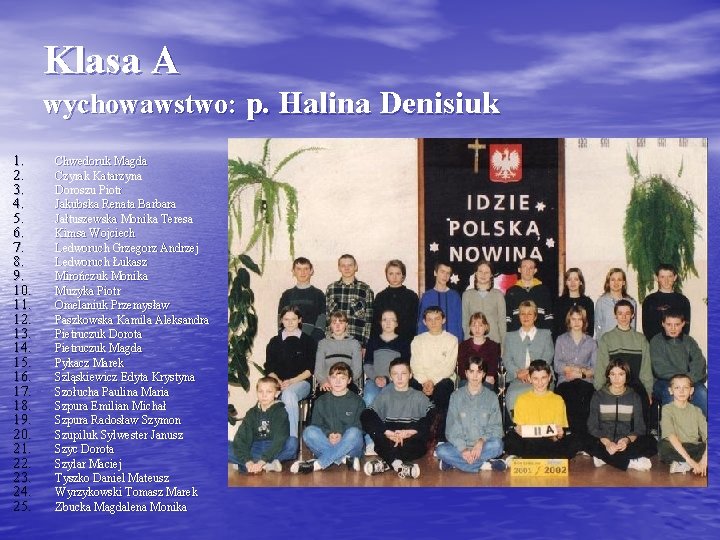Klasa A wychowawstwo: p. Halina Denisiuk 1. 2. 3. 4. 5. 6. 7. 8.