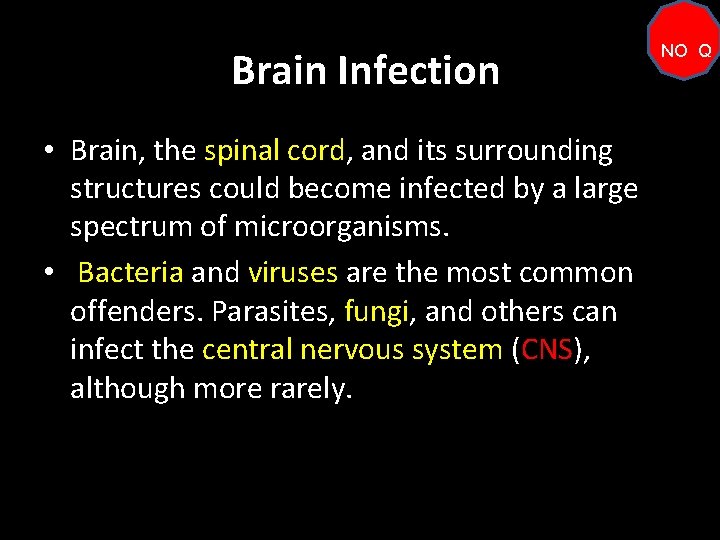 Brain Infection • Brain, the spinal cord, and its surrounding structures could become infected