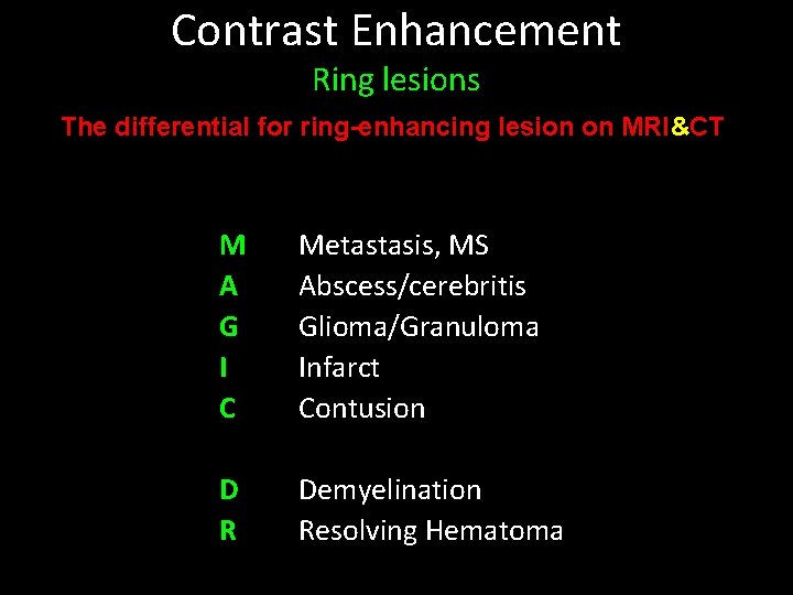 Contrast Enhancement Ring lesions The differential for ring-enhancing lesion on MRI&CT M A G