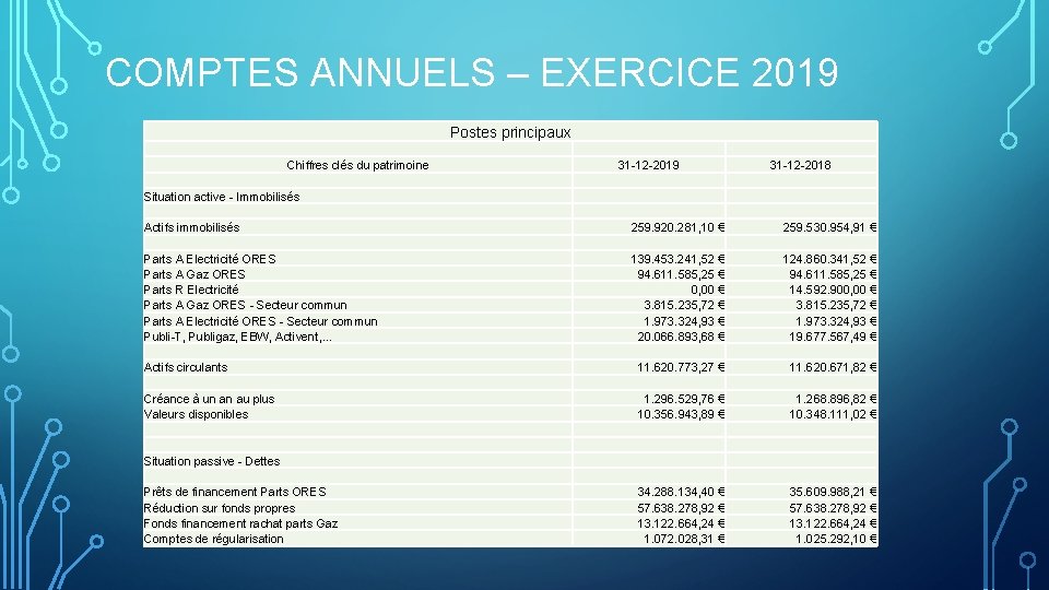 COMPTES ANNUELS – EXERCICE 2019 Postes principaux Chiffres clés du patrimoine 31 -12 -2019
