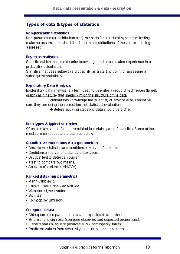 Data, data presentation & data description Types of data & types of statistics Non-parametric