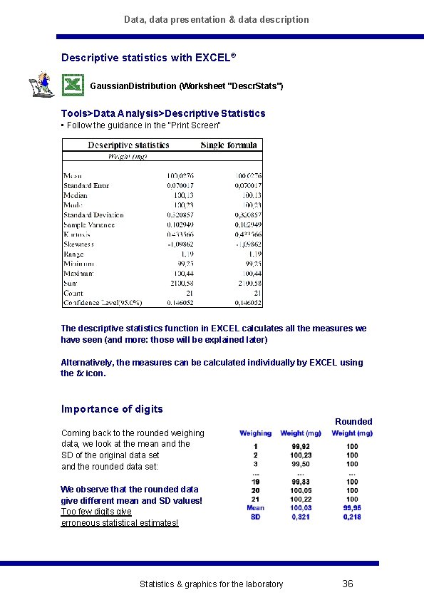 Data, data presentation & data description Descriptive statistics with EXCEL® Gaussian. Distribution (Worksheet "Descr.