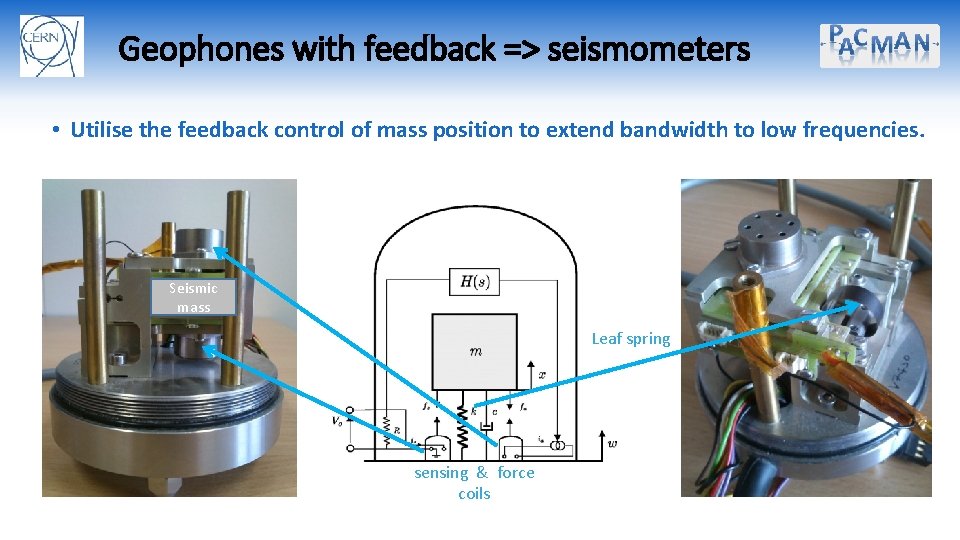 Geophones with feedback => seismometers • Utilise the feedback control of mass position to
