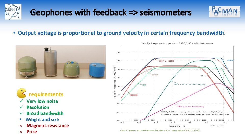 Geophones with feedback => seismometers • Output voltage is proportional to ground velocity in