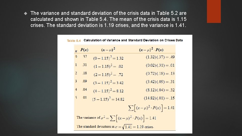  The variance and standard deviation of the crisis data in Table 5. 2