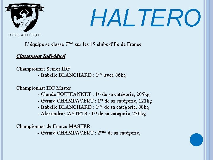 HALTERO L’équipe se classe 7ème sur les 15 clubs d’Ile de France Classement Individuel