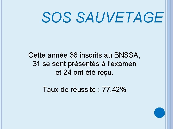 SOS SAUVETAGE Cette année 36 inscrits au BNSSA, 31 se sont présentés à l’examen
