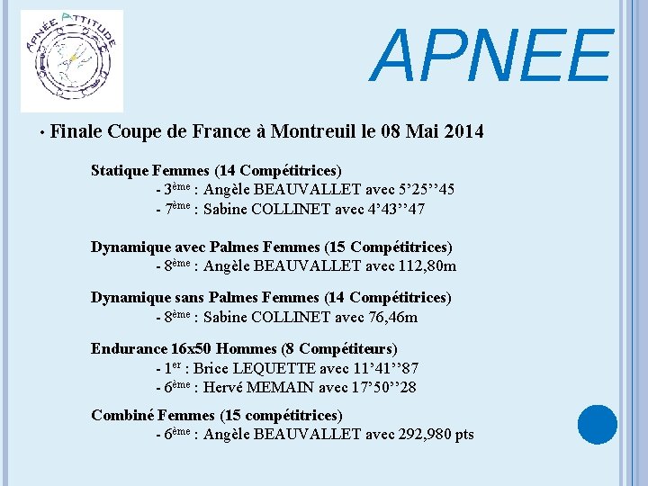 APNEE • Finale Coupe de France à Montreuil le 08 Mai 2014 Statique Femmes