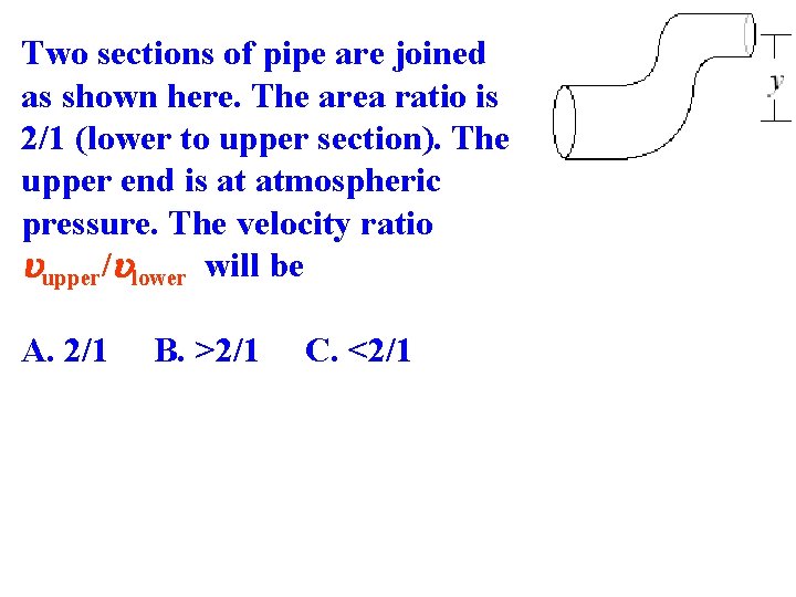 Two sections of pipe are joined as shown here. The area ratio is 2/1