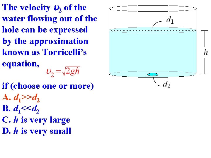 The velocity u 2 of the water flowing out of the hole can be