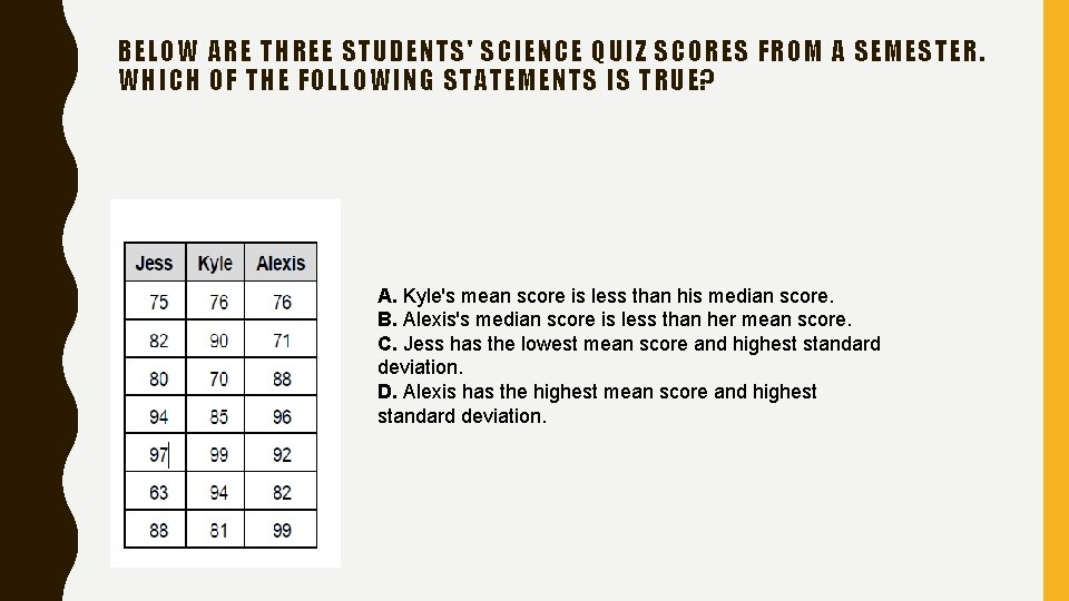 BELOW ARE THREE STUDENTS' SCIENCE QUIZ SCORES FROM A SEMESTER. WHICH OF THE FOLLOWING