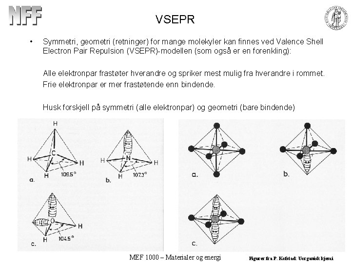 VSEPR • Symmetri, geometri (retninger) for mange molekyler kan finnes ved Valence Shell Electron