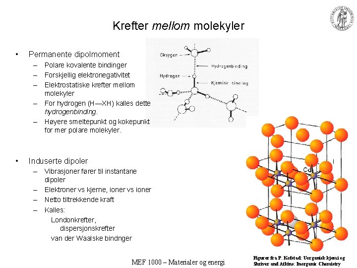 Krefter mellom molekyler • Permanente dipolmoment – Polare kovalente bindinger – Forskjellig elektronegativitet –