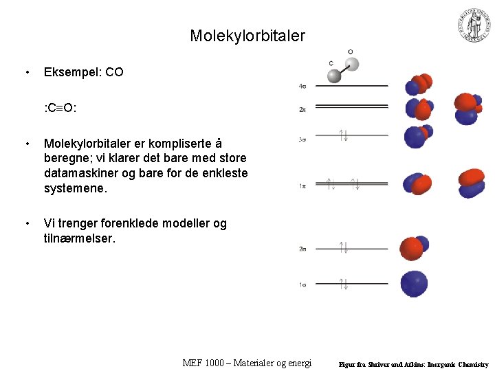 Molekylorbitaler • Eksempel: CO : C O: • Molekylorbitaler er kompliserte å beregne; vi