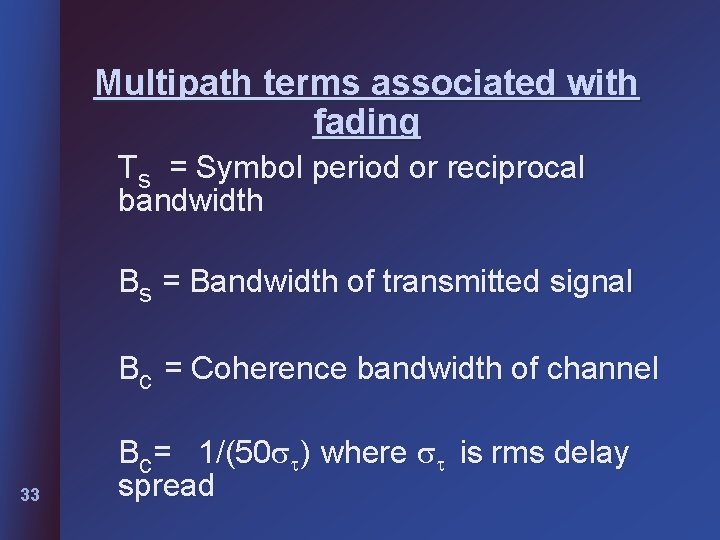 Multipath terms associated with fading Ts = Symbol period or reciprocal bandwidth Bs =
