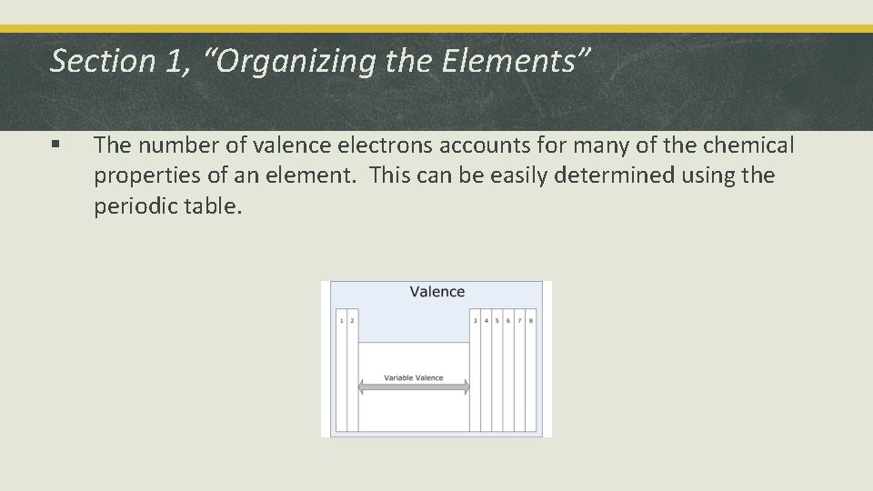 Section 1, “Organizing the Elements” § The number of valence electrons accounts for many