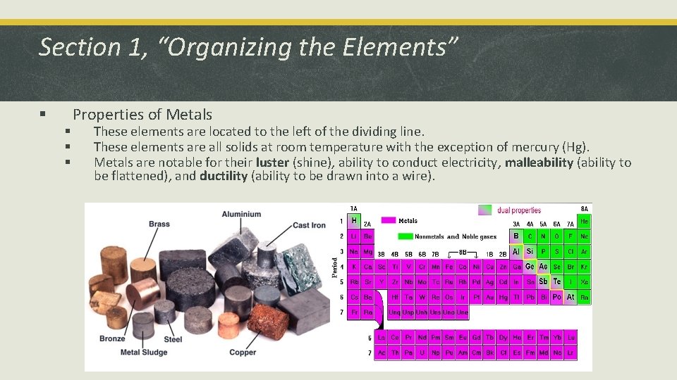 Section 1, “Organizing the Elements” § § Properties of Metals These elements are located