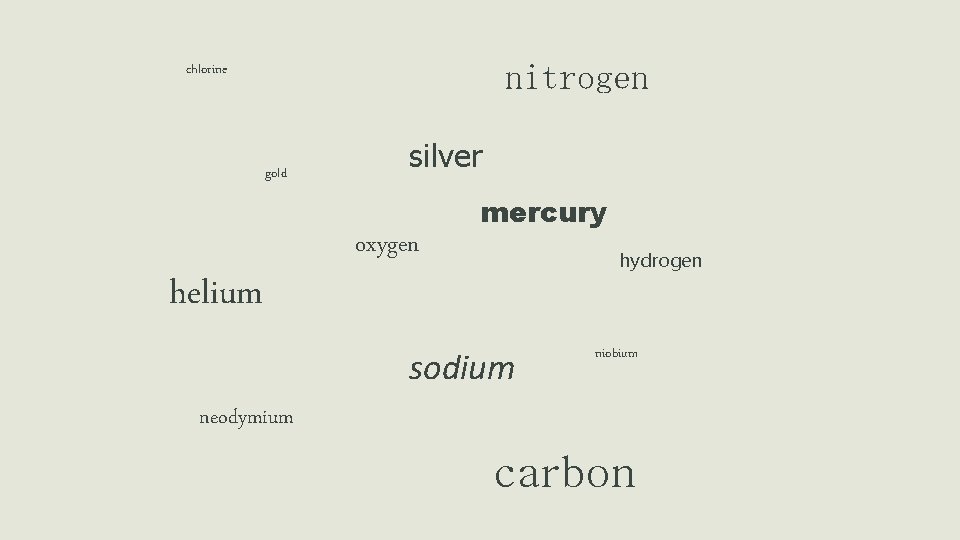 nitrogen chlorine gold helium silver oxygen mercury hydrogen sodium niobium neodymium carbon 