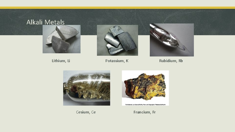 Alkali Metals Lithium, Li Potassium, K Cesium, Ce Rubidium, Rb Francium, Fr 