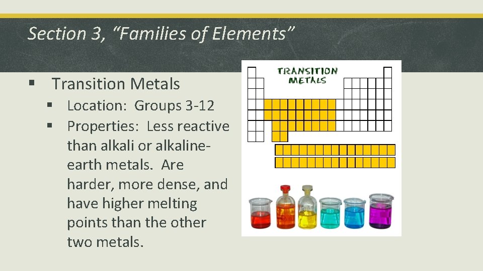 Section 3, “Families of Elements” § Transition Metals § Location: Groups 3 -12 §