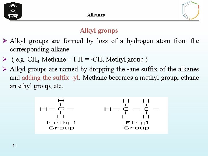 Alkanes Alkyl groups Ø Alkyl groups are formed by loss of a hydrogen atom