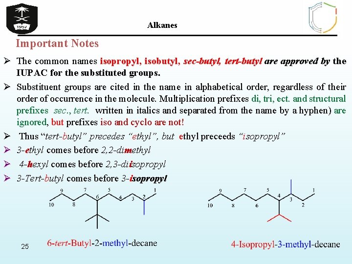Alkanes Important Notes Ø The common names isopropyl, isobutyl, sec-butyl, tert-butyl are approved by