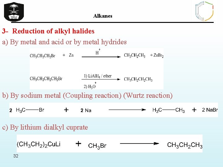 Alkanes 3 - Reduction of alkyl halides a) By metal and acid or by