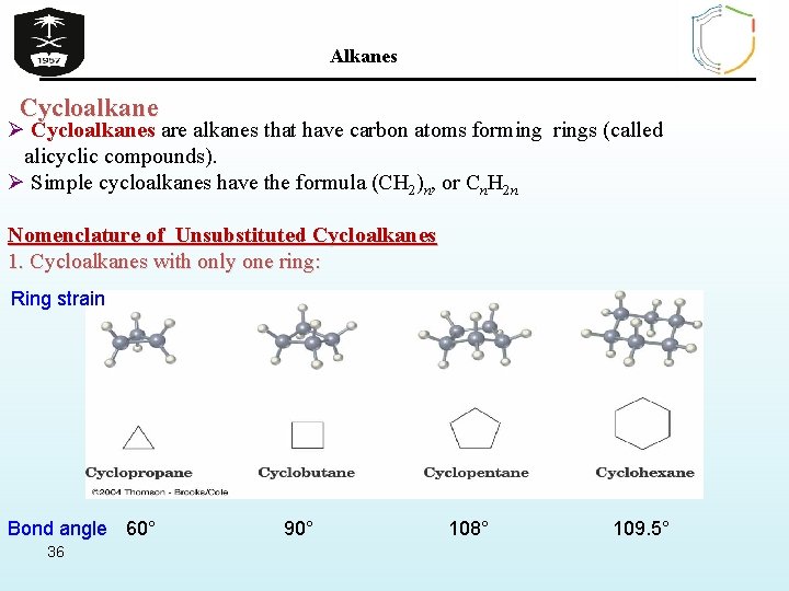Alkanes Cycloalkane Ø Cycloalkanes are alkanes that have carbon atoms forming rings (called alicyclic