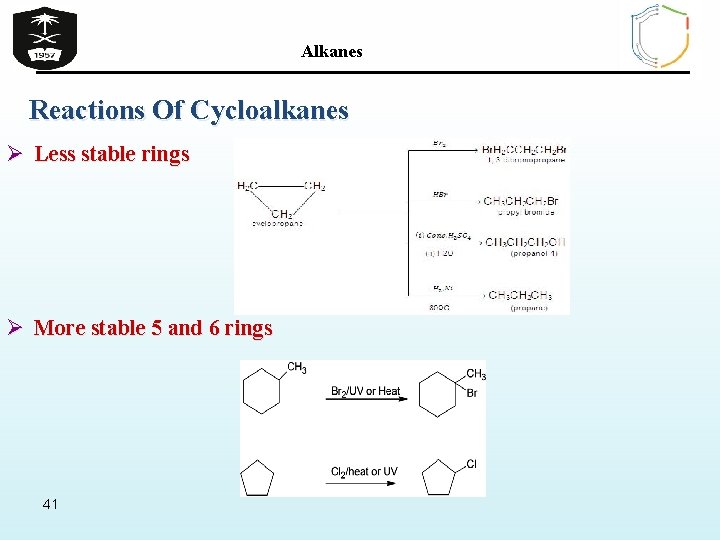 Alkanes Reactions Of Cycloalkanes Ø Less stable rings Ø More stable 5 and 6