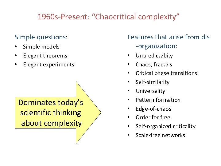 1960 s-Present: “Chaocritical complexity” Simple questions: • Simple models • Elegant theorems • Elegant