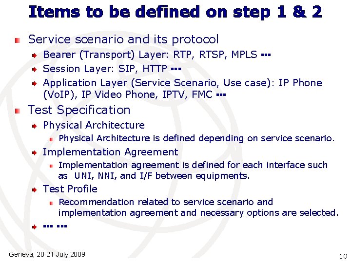 Items to be defined on step 1 & 2 Service scenario and its protocol